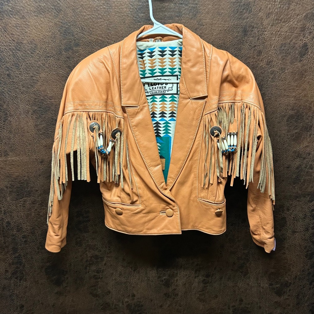 Lloyd's Leather Vintage Tassel Beaded Embroidered Lt Orange Short Jacket Small